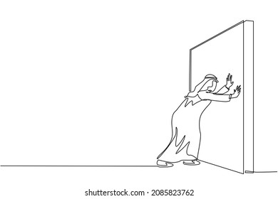 Continuous One Line Drawing Arabian Businessman Pushing Wall. Successful Career And Brainstorm, Career Growth And Problem Solution, Smart Idea, Professional Development. Single Line Draw Design Vector