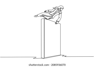 Continuous one line drawing Arabian businesswoman jumps over wall, outside comfort zone to get new experience, fun and excited. Life begins when trying different things. Single line draw design vector