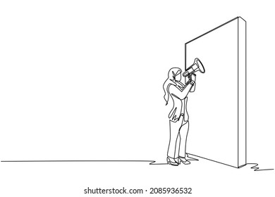 Continuous one line drawing Arabian businesswoman holding megaphone standing in front of wall. Woman shouts on megaphone. Leader announces career promotion. Single line draw design vector illustration