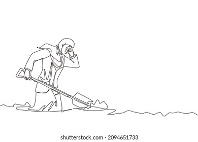 Continuous one line drawing Arabian businesswoman wipes sweat on her forehead while digging hole. Worker never give up to finish her job. Work hard. Single line draw design vector graphic illustration