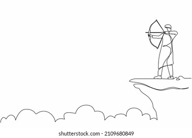 Continuous one line drawing Arabian businessman standing on cliff with archer in hand. Business target goal. Man focus to successful. Shooting target with bow and arrow. Single line draw design vector