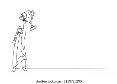 Continuous one line drawing Arabian businessman with trophy standing with arms lifted in the air. Man celebrating his business award. Winner and reaching goals. Single line draw design vector graphic