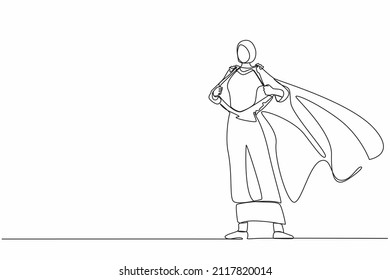 Continuous one line drawing Arabian businesswoman revealing her true identity of powerful superhero. Superhero tearing shirt and wearing costume. Single line draw design vector graphic illustration