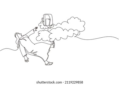 Continuous one line drawing Arabian businessman falling from sky. Failure, defeat. Employee dismissal, bankruptcy. Financial crisis. Person loses business, job. Single line draw design vector graphic