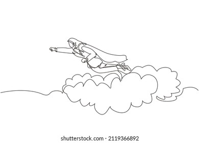 Continuous one line drawing Arabian businesswoman superhero flies up and leaves cloud of dust. Super worker in cloak takes off. Power and uniqueness business concept. Single line design vector graphic