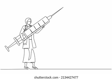 Continuous one line drawing Arabian woman doctor holding syringe with medication. Medical staff stand with large disposable syringe. Vaccination concept. Single line design vector graphic illustration