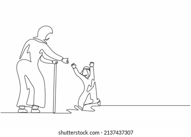 Continuous one line drawing Arabian little boy meeting their grandparents. Happy family visiting grandfather and grandmother. Grandson running to hug grandma. Single line draw design vector graphic