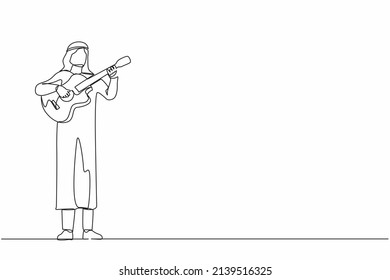 Continuous one line drawing Arabian man playing acoustic guitar. Teenage boy musician playing strings at musical performance. Professional musician. Single line draw design vector graphic illustration