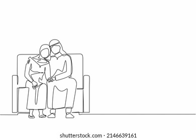 Continuous one line drawing Arabian man comforting sad woman. Male supporting female who is feeling emotional sad depressed. Husband embrace comforts his woman. Single line design vector illustration