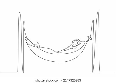 Continuous one line drawing Arabian businessman is lying in hammock and dreaming about big money. Comfort and recreation. Achieve financial freedom. Single line draw design vector graphic illustration