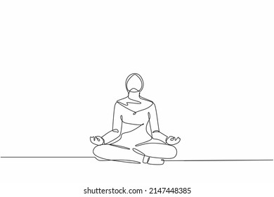 Una línea contínua dibujando a una mujer de negocios árabe haciendo yoga. Trabajador de oficina sentado en una pose de yoga, meditación, relajación, calma y manejo del estrés. ilustración vectorial de diseño de línea única