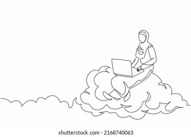 Continuous One Line Drawing Arabian Businesswoman Sitting On Cloud With Laptop Computer. Wireless Connection. Social Networking Using Cloud Storage. Single Line Draw Design Vector Graphic Illustration