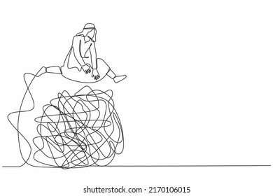 Continuous one line drawing Arabian businessman jumping over tangled scribble. Chaotic of office problem. Solution looking for complicated problem. Single line draw design vector graphic illustration