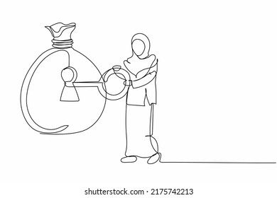 Continuous one line drawing Arabian businesswoman put key into money bag. Unlock business wealth. Safe haven for investment manager to manage money. Single line draw design vector graphic illustration