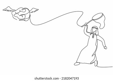 Continuous one line drawing Arabian businessman try to catching flying brain with butterfly net. Losing healthy mind for genius idea. Business metaphor. Single line design vector graphic illustration