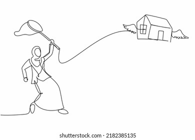 Continuous one line drawing Arabian businesswoman try to catch flying house with butterfly net. Losing house due to failed to pay mortgage to bank. Single line draw design vector graphic illustration