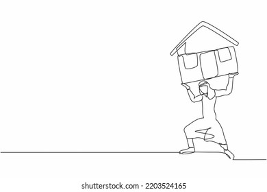 Continuous one line drawing Arabian businessman carrying heavy house on his back. Financial mortgage, need pay taxes expenses. Bank loan. Lease, finance. Single line design vector graphic illustration