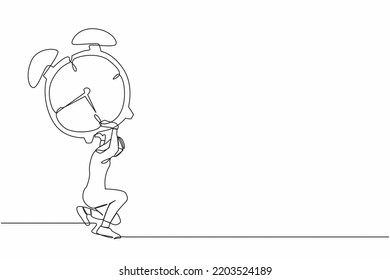Continuous one line drawing Arabian businessman carrying heavy alarm clock on his back. Tired worker with work pressure or business project target. Single line draw design vector graphic illustration