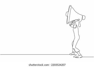 Continuous one line drawing Arabian businessman carrying heavy megaphone on his back. Troubles in communication. Bullying, harassment at work, families. Single line design vector graphic illustration