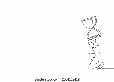 Continuous one line drawing Arabian businesswoman carrying heavy hourglass on her back. Unhappy office clerk has time management problems. Work overload. Single line design vector graphic illustration