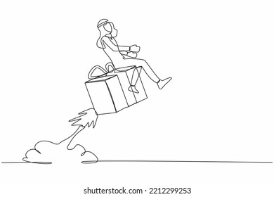Kontinuierlich eine Linie zeichnen arabischen Geschäftsmann Reiten Geschenkbox Rakete fliegen in den Himmel. Schneller Versand oder Lieferung. Pappschachtel für Transport und Verpackung. Vektorgrafik-Design für einzelne Linien