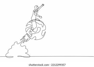 Continuous one line drawing Arabian businesswoman riding sphere globe rocket flying in the sky. Global business, world economics or business opportunity. Single line design vector graphic illustration