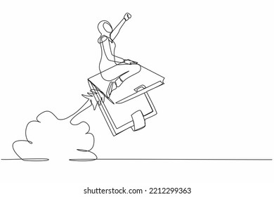 Continuous one line drawing Arabian businesswoman riding wallet rocket flying in the sky. Launch new digital wallet startup. Business financial activities. Single line draw design vector illustration