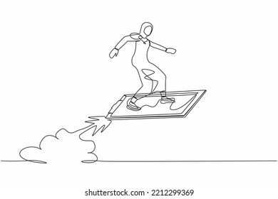Continuous one line drawing Arabian businesswoman riding clipboard rocket flying in the sky. Checklist data analyze of employee status. Company development. Single line draw design vector illustration