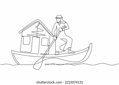 Continuous one line drawing of Arabian businessman sailing away on boat with house. Home mortgage problem in economic crisis. Housing loan disaster. Single line draw design vector graphic illustration