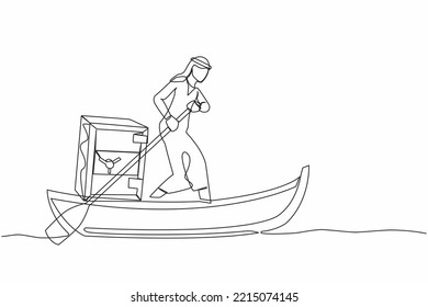 Continuous one line drawing Arabian businessman sailing away on boat with safe deposit box. Unexpected financial opportunities, credit, bank deposit protection. Single line design vector illustration