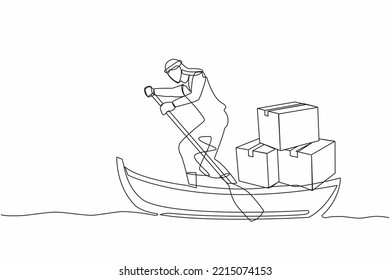 Una línea contínua que dibuja a un empresario árabe que navega en un bote con una pila de cartón. Transporte marítimo. Artículos de envío entregados por barco de vela. Ilustración gráfica vectorial de diseño de línea única