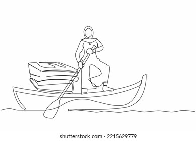Continuous one line drawing Arabian businesswoman standing in boat and sailing with pile of papers. Manager escape from stack of document, paperwork, overworked. Single line design vector illustration