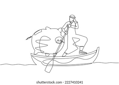 Continuous one line drawing Arabian man sailing away on boat with piggy bank. Economy purpose saving household money. Domestic financial budgeting and plan. Single line draw design vector illustration