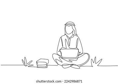 Continuo dibujo de una línea de estudiantes hombres árabes estudiando con una laptop, preparándose para el examen, sentados en el parque. De vuelta a la escuela, educación en el extranjero. ilustración vectorial de diseño de línea única