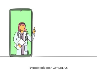 El dibujo continuo de una línea que dibuja al médico árabe sale de la pantalla del smartphone sosteniendo el portapapeles. Servicios médicos en línea, consulta médica. ilustración vectorial de diseño de línea única
