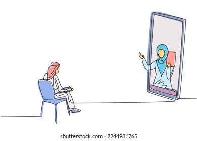 Continuous one line drawing Arabian male student sitting studying staring at monitor screen and inside laptop there is hijab female lecturer who is teaching. Single design vector graphic illustration