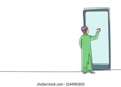 Continuous one line drawing Arabian female patient receiving prescription from hijab female doctor in smartphone. Online medical services concept. Single line draw design vector graphic illustration