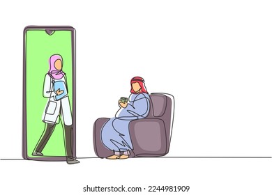 Continuous one line drawing Arabian male patient sitting curled up on sofa, using blanket, holding mug and there is female doctor walking out of smartphone, holding clipboard. Single line draw design