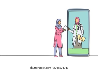 Continuous one line drawing Arabian female patient receiving prescription from hijab female doctor in smartphone. Online medical services concept. Single line draw design vector graphic illustration