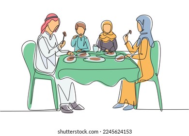 Continuous one line drawing Arabian family eating meal around kitchen table. Happy daddy, mom and two kids sitting eating healthy lunch in home. Single line draw design vector graphic illustration