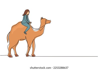 Continuous one line drawing Arabian businesswoman riding camel. Investment, bullish stock market trading, rising bonds trend. Successful business woman trader. Single line draw design vector graphic