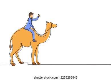 Continuous one line drawing Arabian businessman riding camel. Investment, bullish stock market trading, rising bonds trend. Successful business man trader. Single line draw design vector graphic
