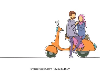 Continuous one line drawing Arabian riders couple trip travel relax. Romantic honeymoon moments sitting and talking on motorcycle. Man with woman riding scooter. Single line draw design vector graphic