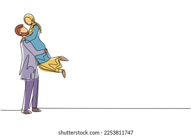 Una línea contínua dibujando a un hombre árabe cargando y abrazando a una mujer. Personajes de citas de pareja. Relación romántica pareja celebra el aniversario. ilustración vectorial de diseño de línea única