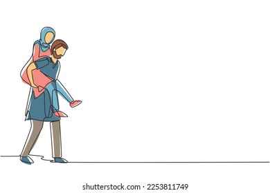 Continuous one line drawing Arabian teenage couple with man carrying woman on his back during music festival. Happy young romantic couple in love. Single line draw design vector graphic illustration