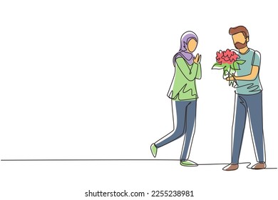 Continuous one line drawing Arabian man making proposal marriage to woman with bouquet. Boy surprises his girl and giving flowers. Engagement and love relation. Single line draw design vector graphic