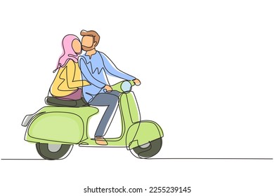 Continuous one line drawing Arabian couple and scooter vintage  pre  wedding concept  Man   woman and motorcycle  amorous relationship  Romantic road trip  journey  Single line draw design vector
