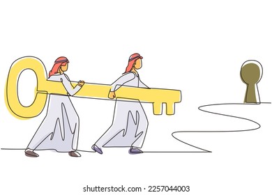Continuous one line drawing Arabian business men standing in front of keyhole with big key. Business team holding key to success. Two man carrying huge key. Single line draw design vector illustration
