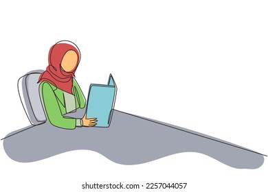 Continuous one line drawing Arabian girl student sitting at table and holding book in hands. Female reading book. Woman reading book and preparing for exam. Single line draw design vector illustration