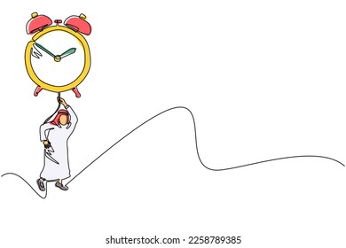 Continuous one line drawing Arabian businessman, manager or employee flying with big balloon alarm clock and hold rope. Time management business metaphor. Single line draw design vector illustration